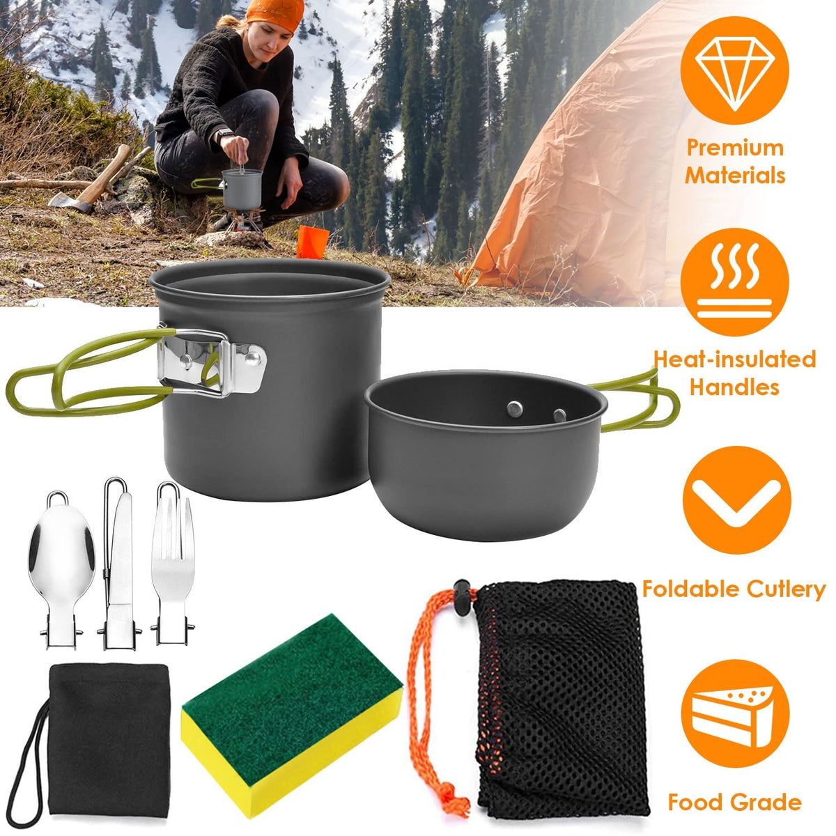 8Pcs Camping Cooking Ware Set Camping Stove Cookware Set Aluminum Pot Foldable Knife Fork Spoon Set for Hiking Picnic Outdoor