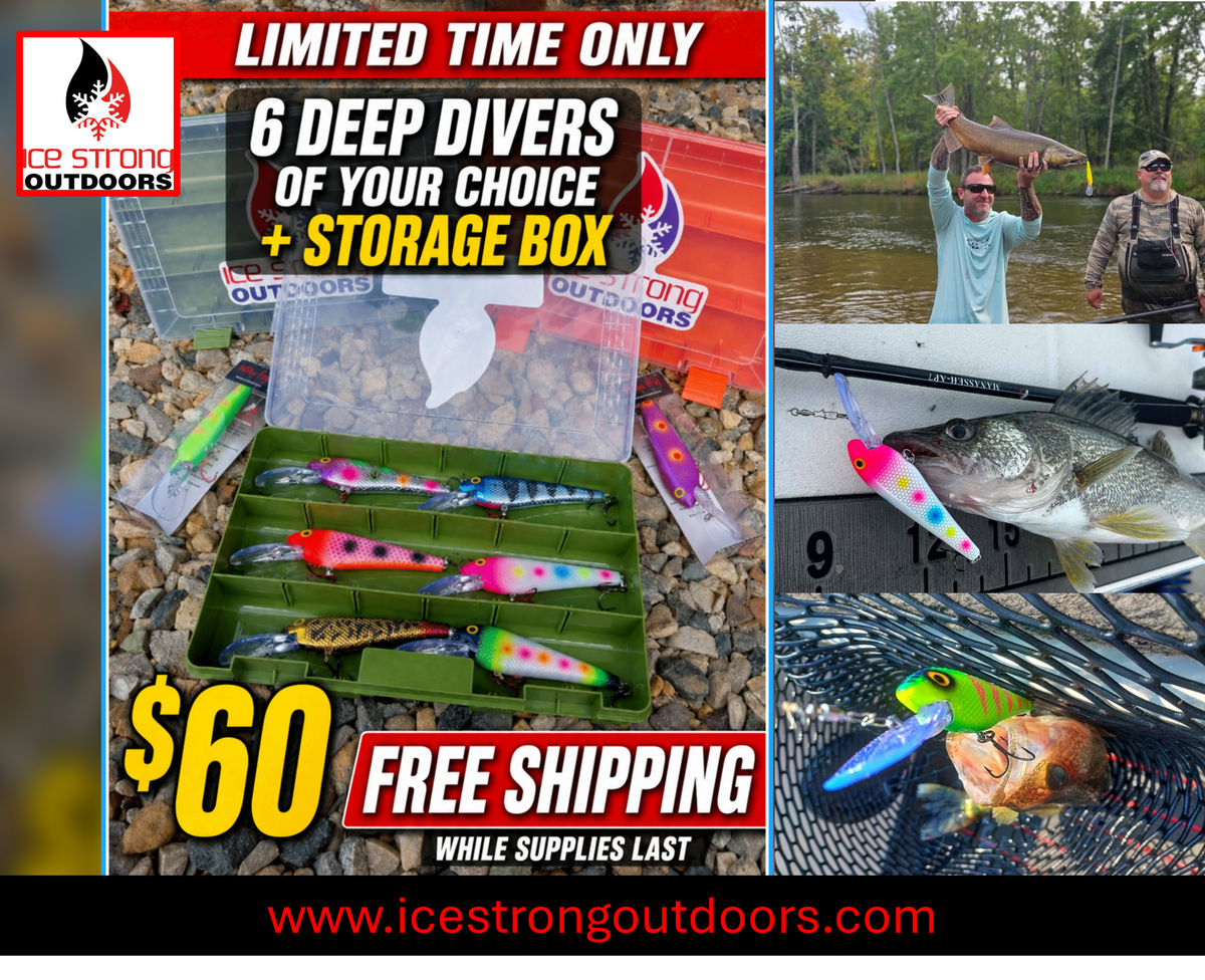 Ice Strong Outdoors - Killer Fish - Rattling DEEP Diver UV- 6 DEEP DIVER & BOX RESTOCKED SEPT 10! - add this to your cart and in the notes write your 6 plugs selection!