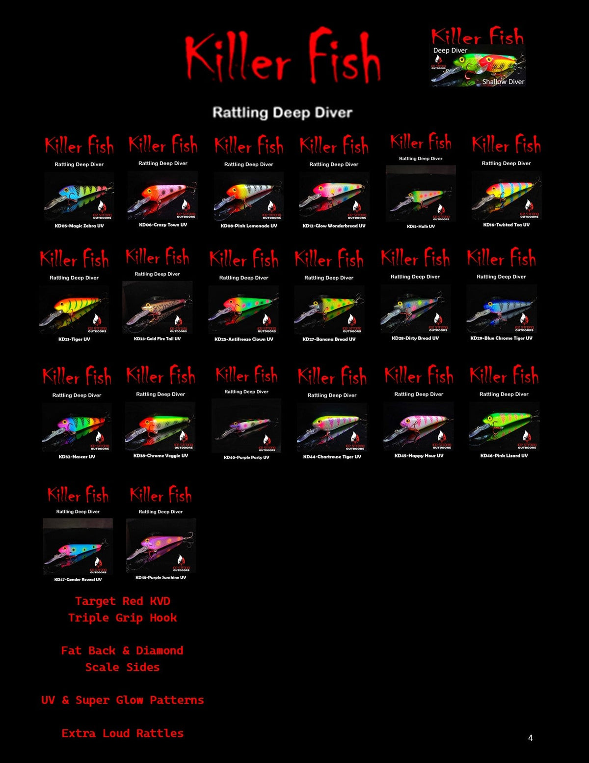 Ice Strong Outdoors - Killer Fish - Rattling DEEP Diver UV- 6 DEEP DIVER & BOX RESTOCKED SEPT 10! - add this to your cart and in the notes write your 6 plugs selection!