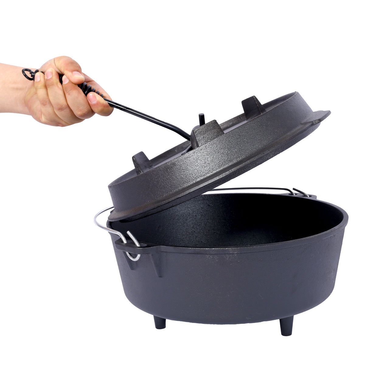 ast iron Dutch oven with lid, outdoor camping deep pot, used for camping, cooking, barbecue and leg rest,6 quarts