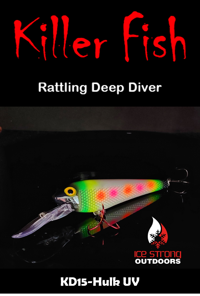 Ice Strong Outdoors - Killer Fish - Rattling DEEP Diver UV- 6 DEEP DIVER & BOX RESTOCKED SEPT 10! - add this to your cart and in the notes write your 6 plugs selection!