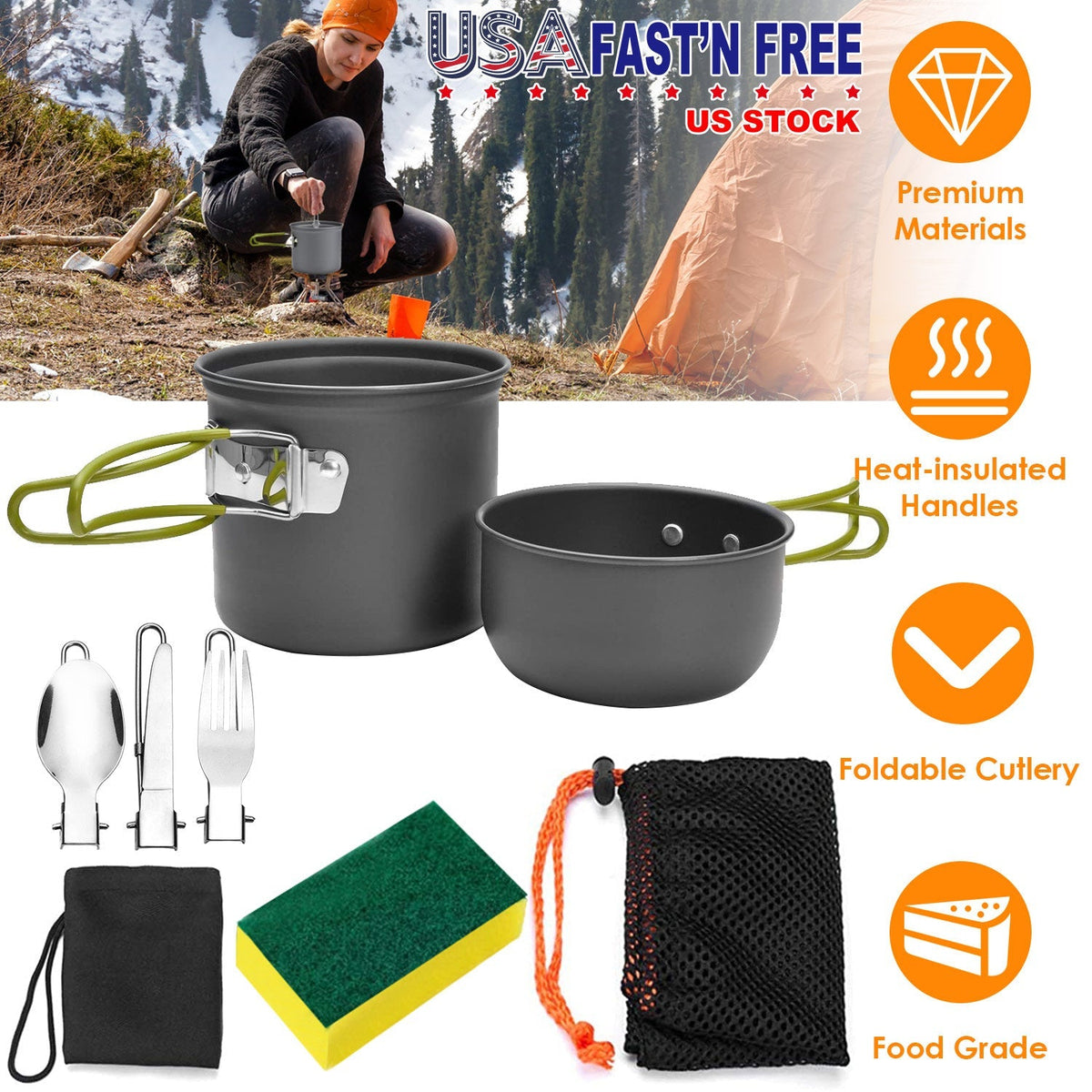 8Pcs Camping Cooking Ware Set Camping Stove Cookware Set Aluminum Pot Foldable Knife Fork Spoon Set for Hiking Picnic Outdoor